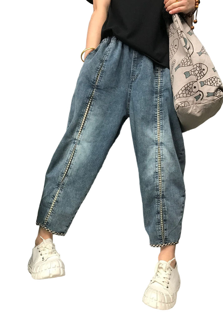 Boho patchwork denimbyxor för kvinnor, lös passform, elastisk midja, perfekt för sommar och vår.