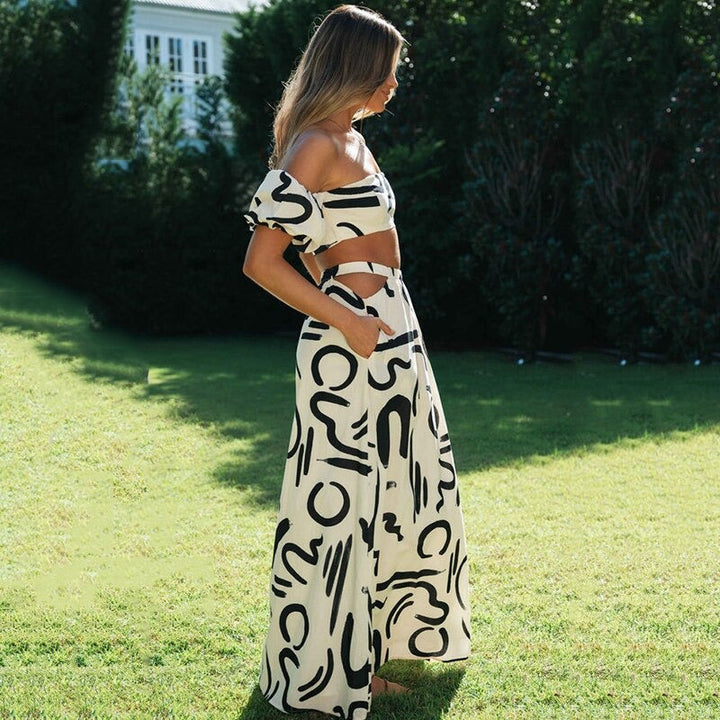 Bekvämt tvådelat boho set: flytande långkjol och matchande topp. Perfekt för kvinnors sommarkläder.