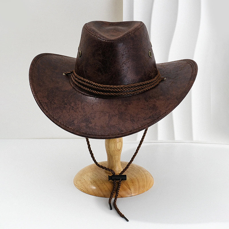 Robust cowboyhatt för män, ikonisk westernstil. Svart hatt med brett brätte, perfekt för temafest & äventyr.