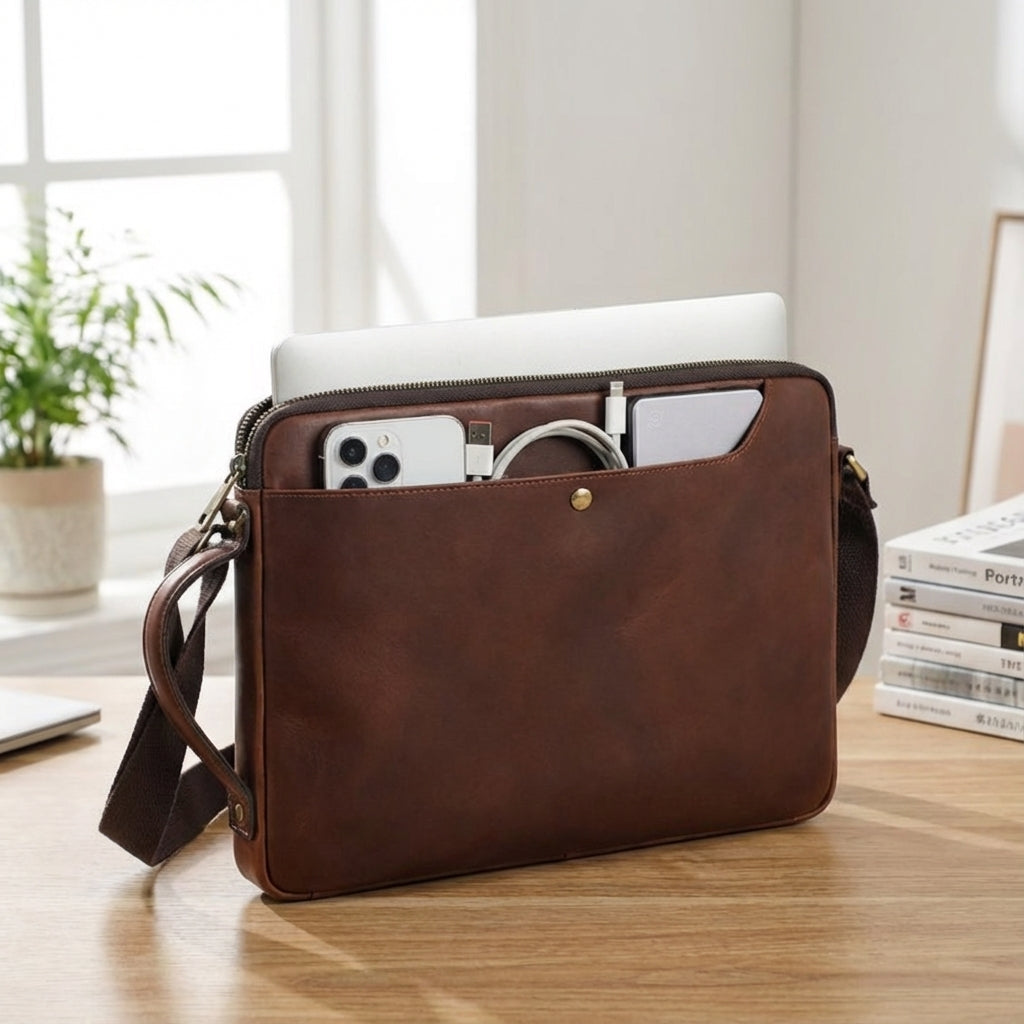 Brun herr laptoptväska i läder för MacBook. Elegant och vadderad arbetsväska med axelrem för professionellt skydd.