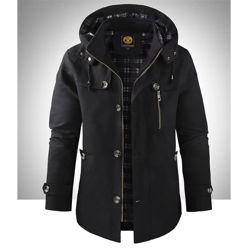 Komfortabel brun herr vinterjacka med huva, casual stil. Perfekt varmt ytterplagg för män.