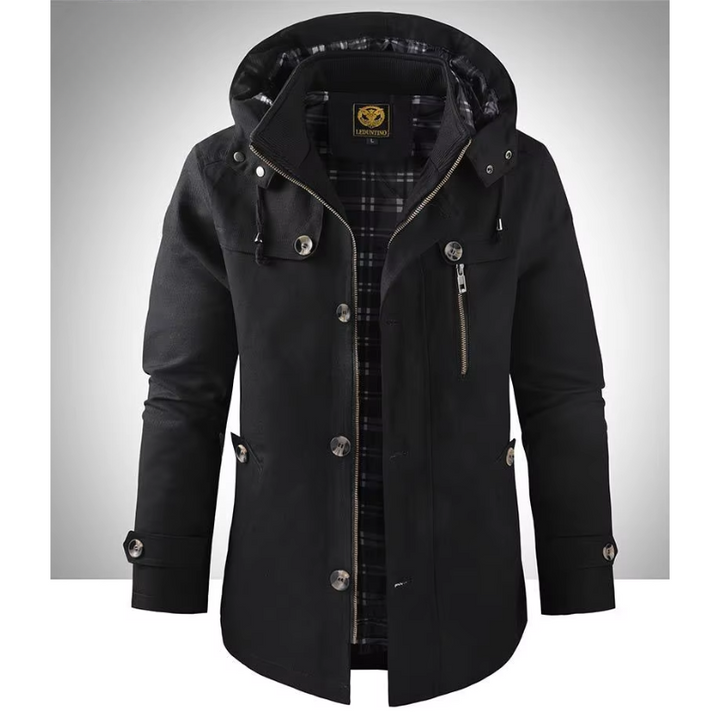 Komfortabel brun herr vinterjacka med huva, casual stil. Perfekt varmt ytterplagg för män.