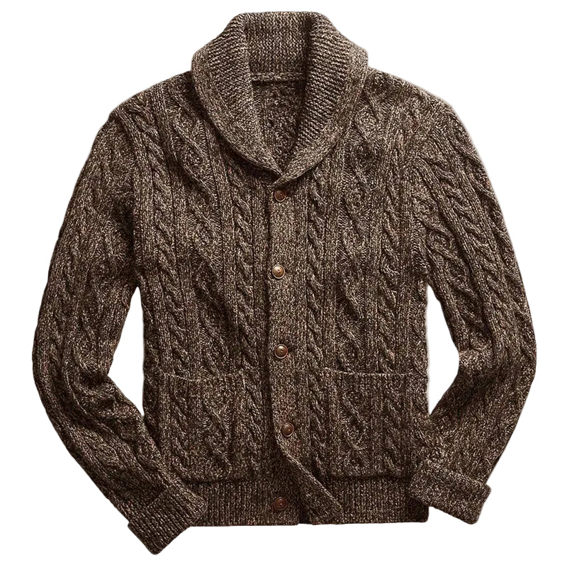 Brun kabelstickad herrkofta med elegant sjalkrage, perfekt för höst och vinter. Varm & komfortabel stickad cardigan.