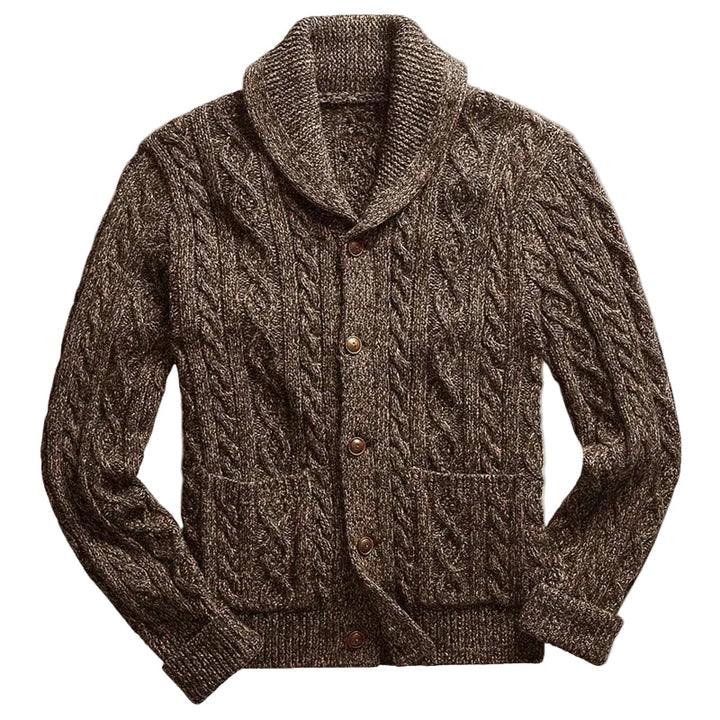 Brun kabelstickad herrkofta med elegant sjalkrage, perfekt för höst och vinter. Varm & komfortabel stickad cardigan.