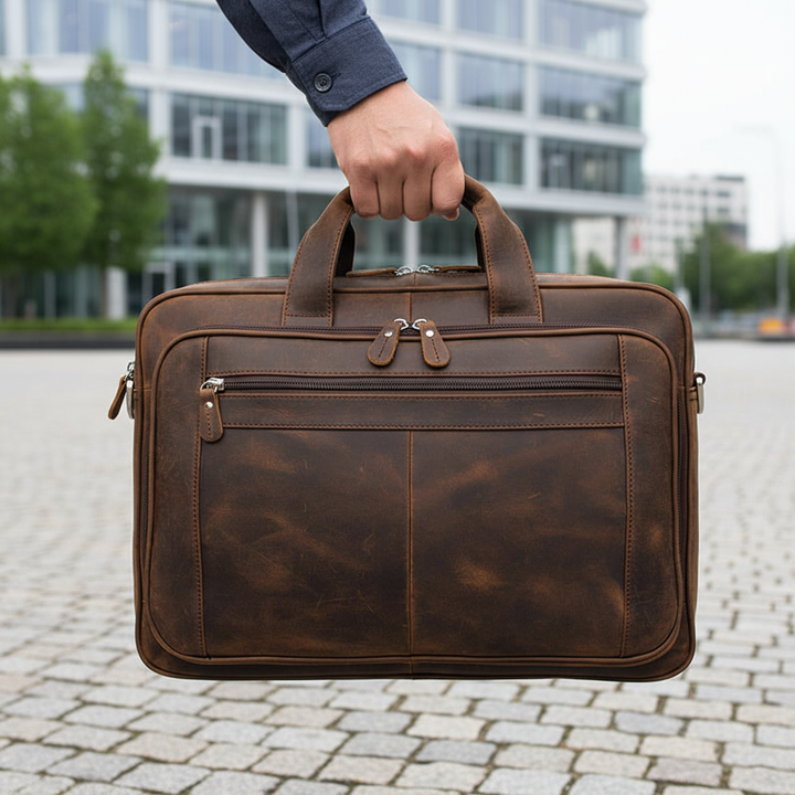 Brun unisex laptopväska i läder. Rymlig axelväska för dator, perfekt för arbete och resor.