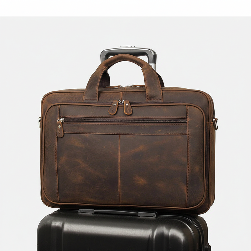 Elegant brun datorväska i vintageläder. Skyddar din laptop rymligt, perfekt som portfölj och arbetsväska.