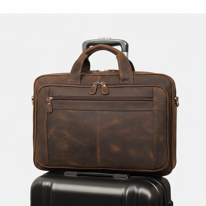 Elegant brun datorväska i vintageläder. Skyddar din laptop rymligt, perfekt som portfölj och arbetsväska.