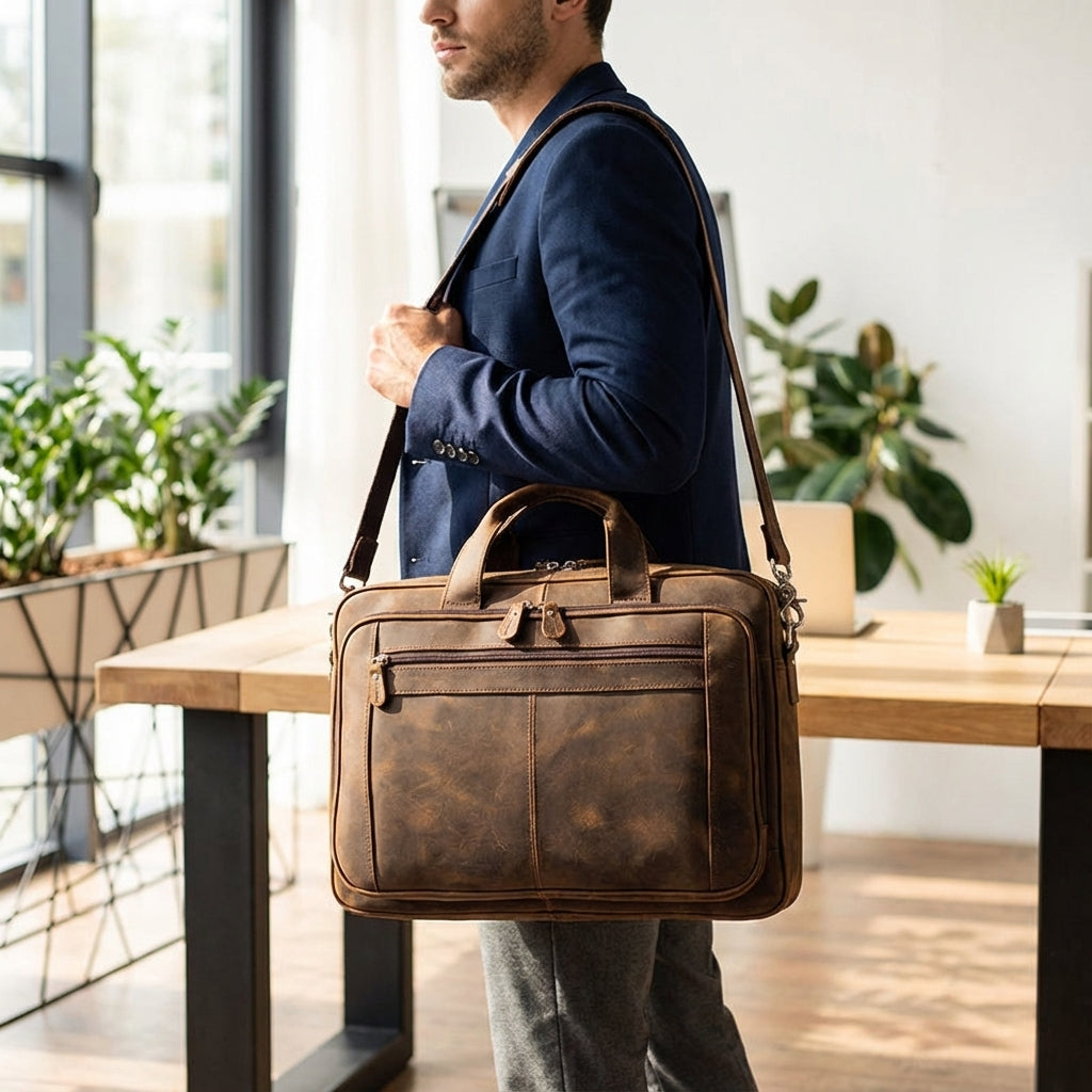 Brun vintageinspirerad unisex laptopväska i läder för 17-tums laptop. Perfekt arbets- och resväska.