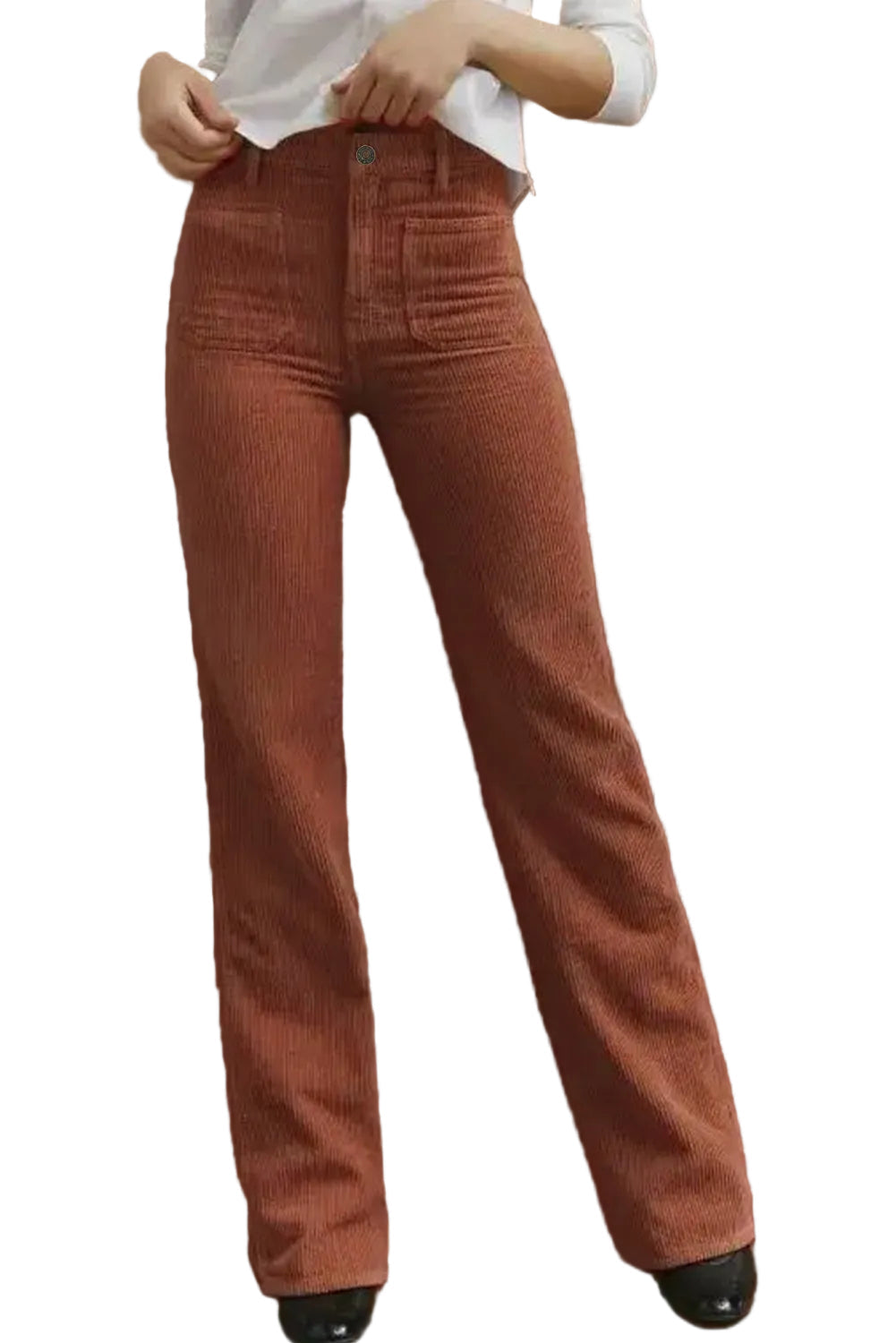 Bruna högmidjade kvinnobyxor med fyrkantiga fickor, bekväma och stiliga casualbyxor för mode.