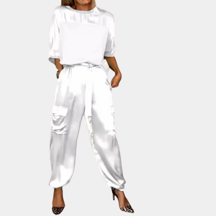 Chic tvådelat set för kvinnor, modern stil med kortärmad topp & bekväma byxor för vår & sommar.