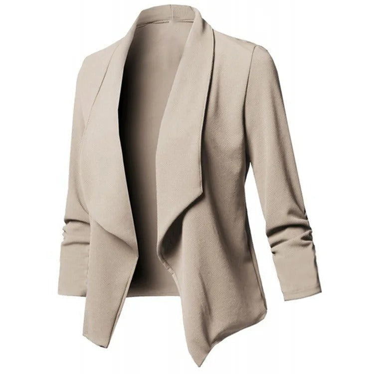 Modern dam blazer med öppen front, bekväm stretch och elegant fall för alla kroppstyper.
