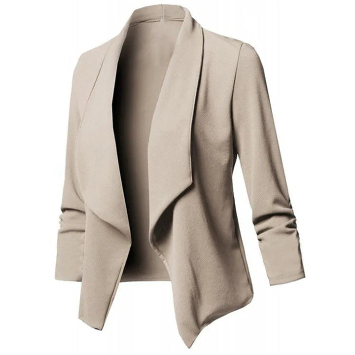 Modern dam blazer med öppen front, bekväm stretch och elegant fall för alla kroppstyper.