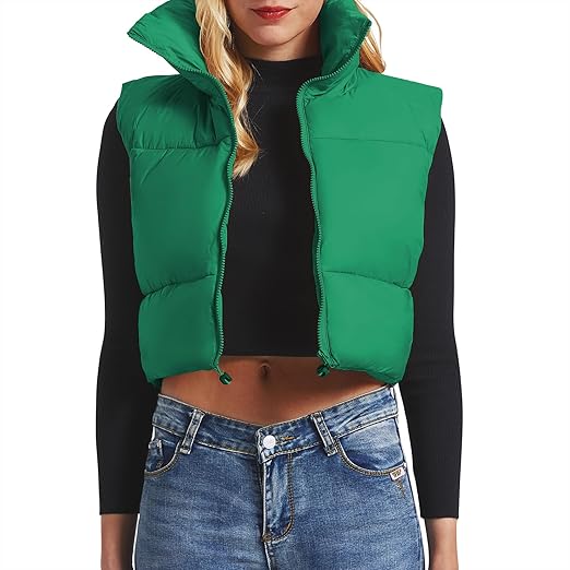 Casual croppad väst för damer, puffermaterial, ståkrage, perfekt som ytterplagg.