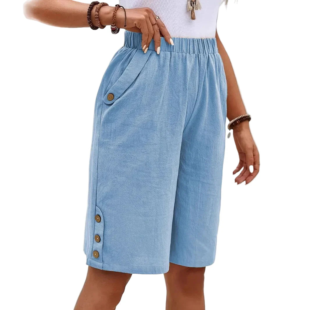 Croppade bomullsbyxor med raka ben för dam, perfekt för casual sommarstil.