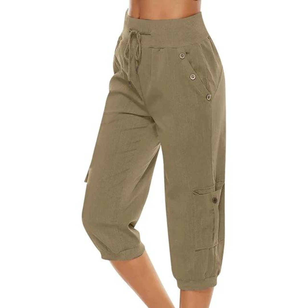 Bekväma croppade stretchbyxor för kvinnor med resår i midjan, idealiska för casual look.