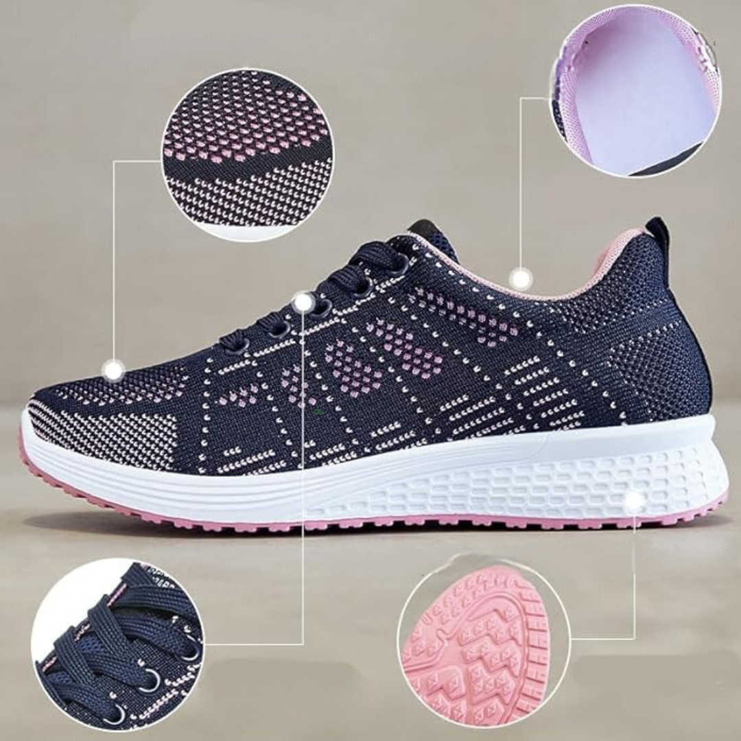 Dam andningsaktiva fritidssneakers med stötdämpande sula, idealiska för långa promenader och sommarsport.