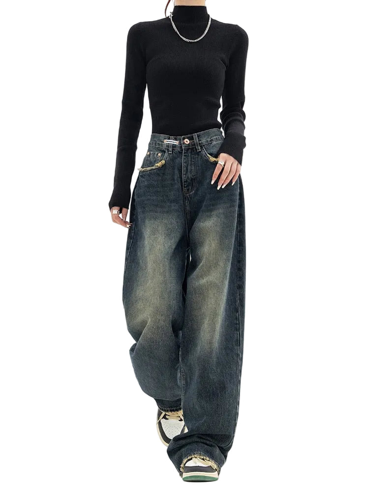 Dam blå baggy jeans med hög midja, vintage casual stil för bekväm streetstyle.