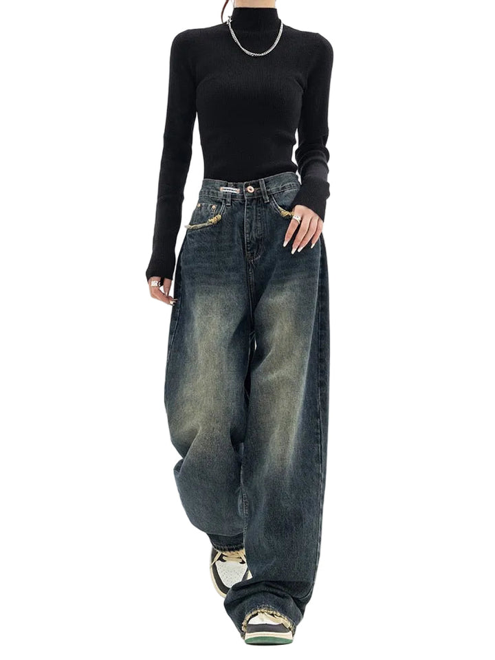 Dam blå baggy jeans med hög midja, vintage casual stil för bekväm streetstyle.