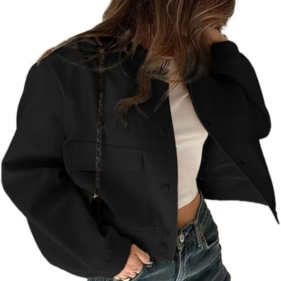 Elegant damjacka, croppad bombermodell för en modern och avslappnad look. Idealiskt ytterplagg.