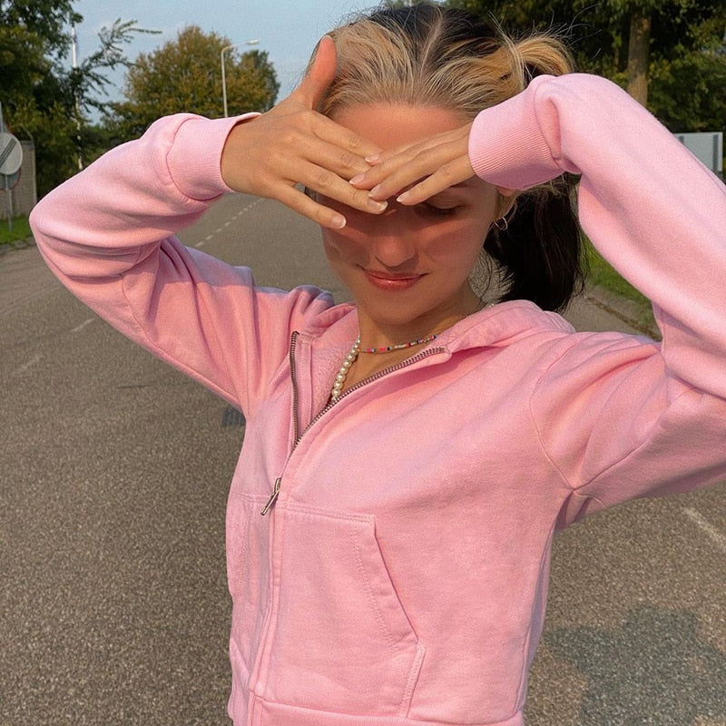 Croppad huvtröja med dragkedja i slim fit för dam, finns i rosa och brun färg.