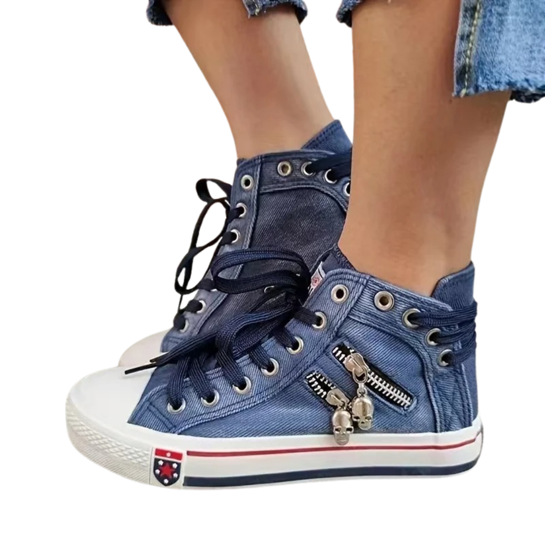 Dam Denim High Top Sneakers, mörkblå tygskor med vita snören för fritid