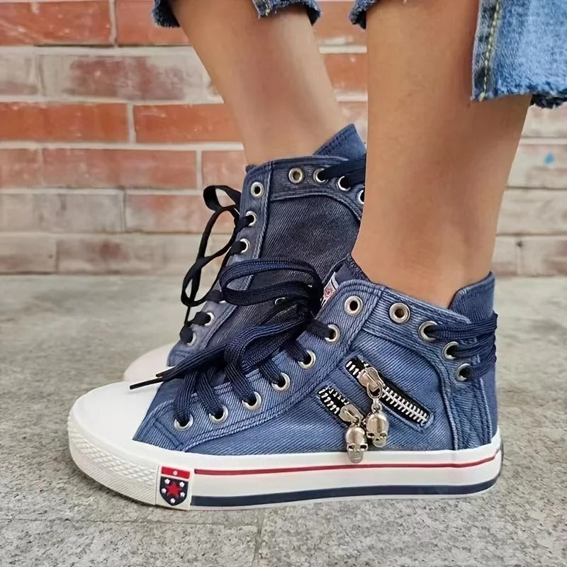 Kvinnors bekväma high top sneakers i denimtyg, perfekta vardagsskor i blått