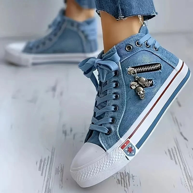 Helskovy av dam denim high top sneakers, mångsidiga tygskor för vardagsbruk
