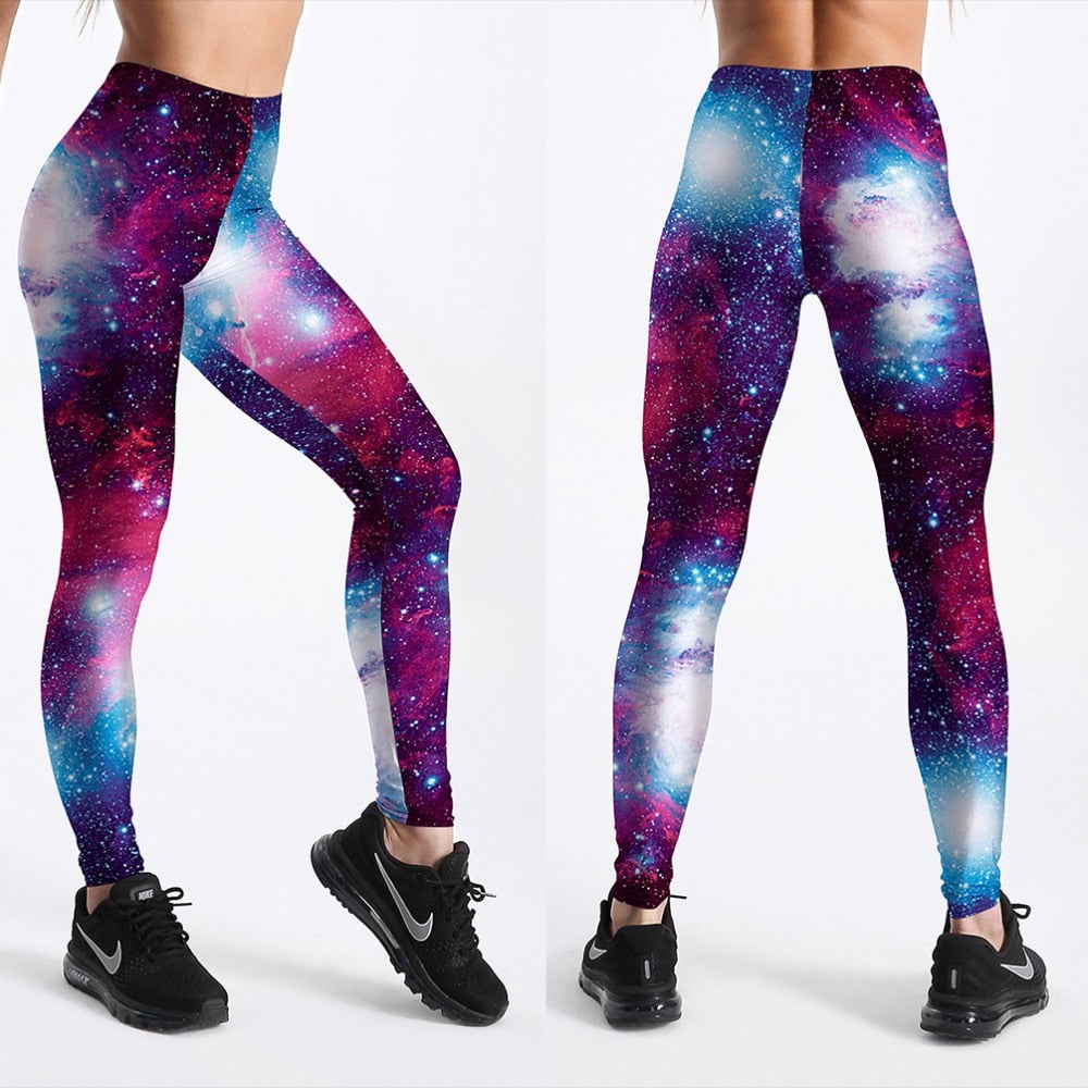 Högmidjade damleggings med färggrant galaxmönster, 3D-utskrift, idealiska för kvinnorsmode.