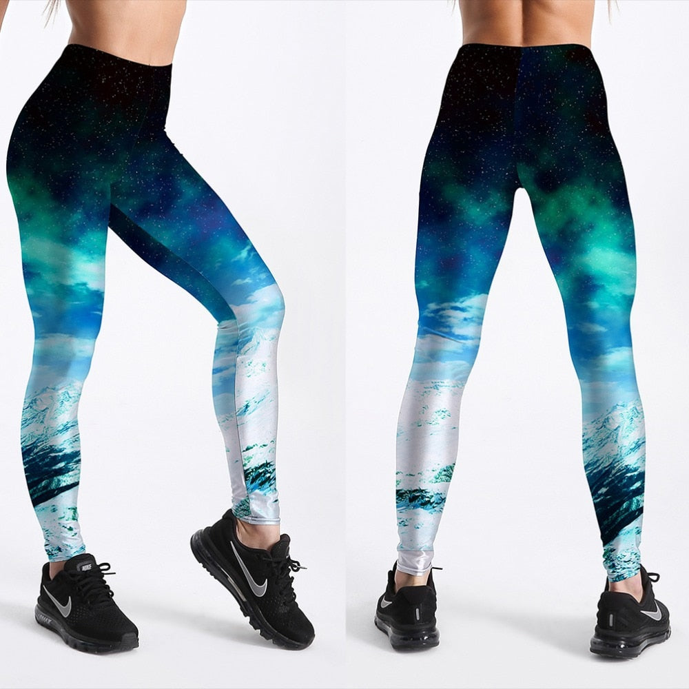 Kvinnorsmode: Galaxleggings för dam med futuristisk 3D-utskrift, färggranna och stretchiga.