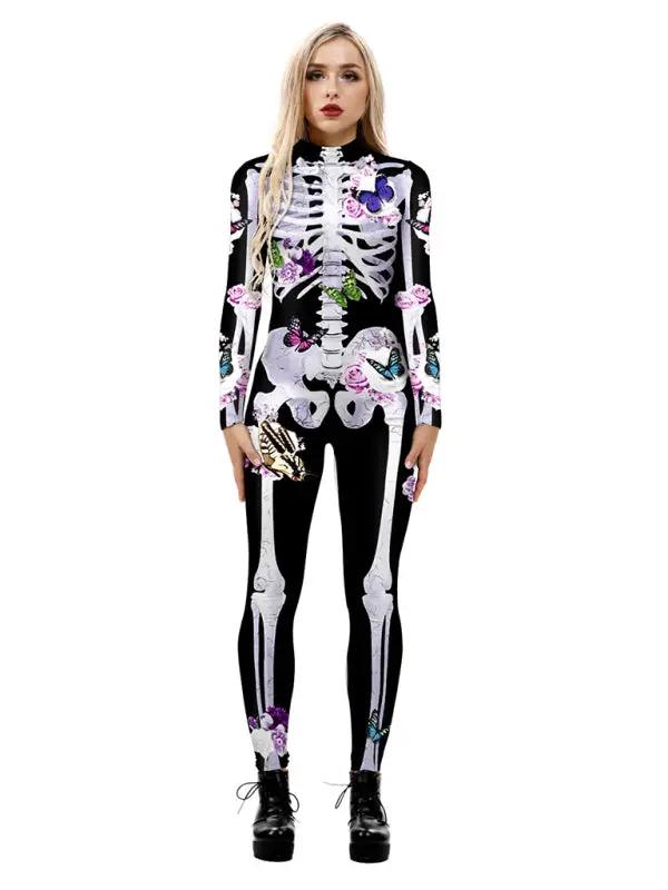 Dam Halloweenkostym med unikt skeletttryck och färgglada blommor. Perfekt figurnära maskeraddräkt för fest.