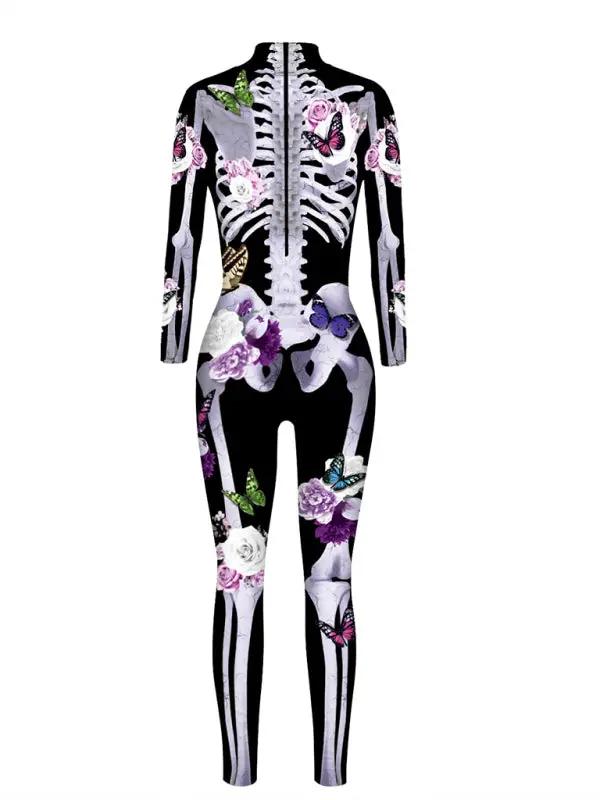 Figurnära dam skelettdräkt med blommigt tryck. Idealiskt för Halloween, temafest eller rolig utklädnad.