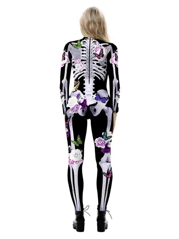 Detaljerad Halloweenkostym för kvinnor med skelett & blommönster. En unik festdräkt för att fira Halloween.