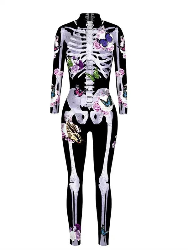 Kvinnors Halloweenkostym med skelett och vackra blommönster. Passar perfekt för fest, maskerader och temakvällar.