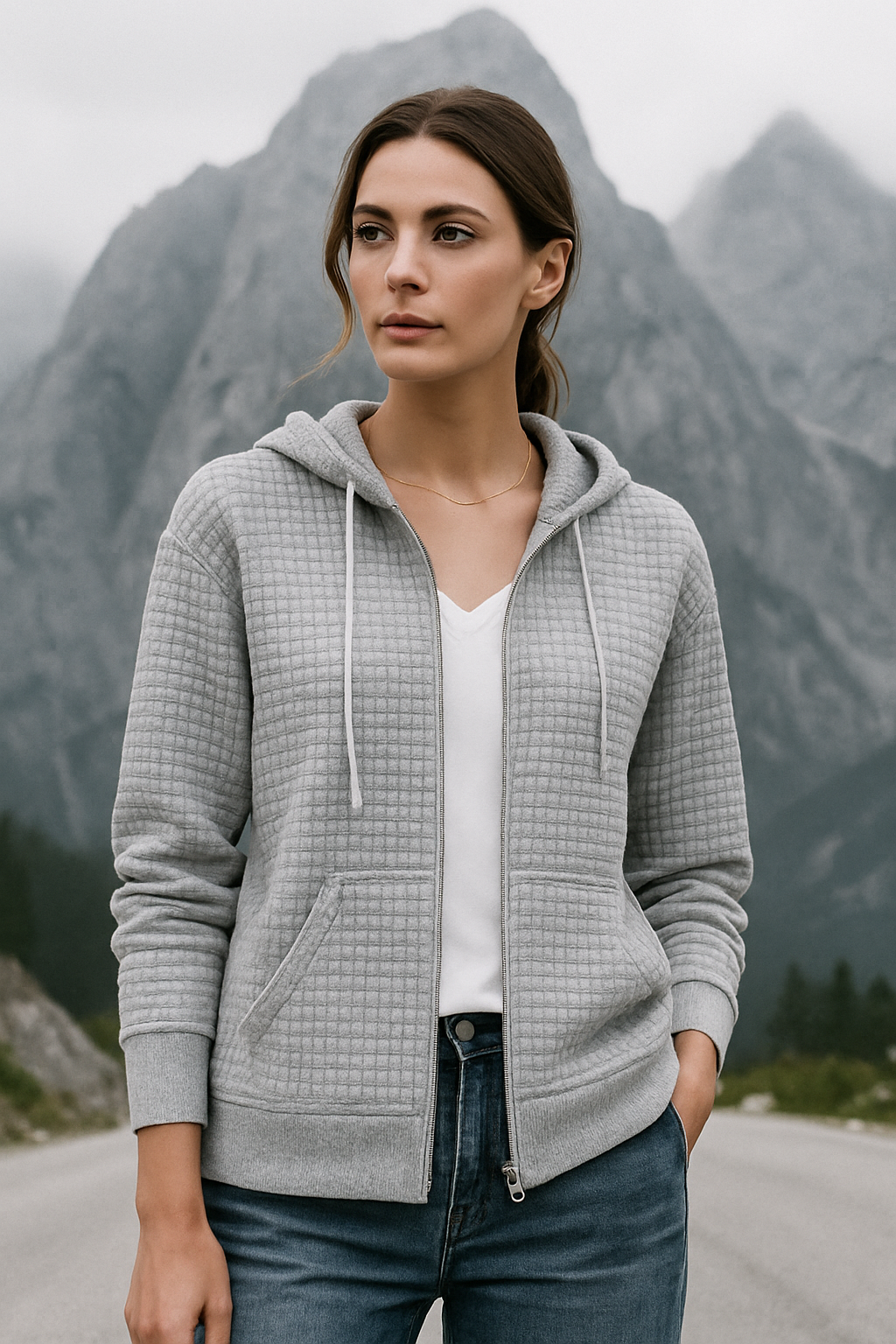 Bekväm dam hoodie väst med huva, våffeltextur för casual mode och sportig look.