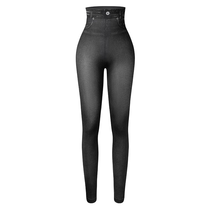 Dam jeans leggings med hög midja, mörkblå denimlook, perfekt passform och stretch.