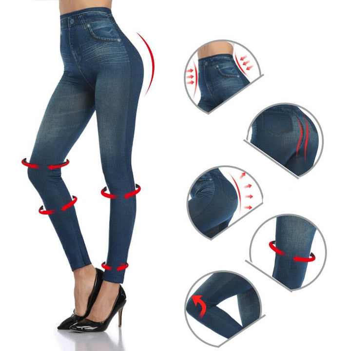 Svarta dam jeans leggings med hög midja, elegant och tidlös design, perfekt för alla tillfällen.