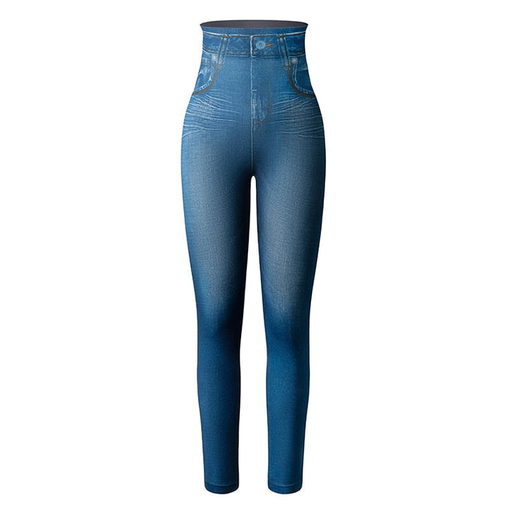 Dam leggings med jeanskänsla, hög midja och slimmande effekt, för modern damgarderob.
