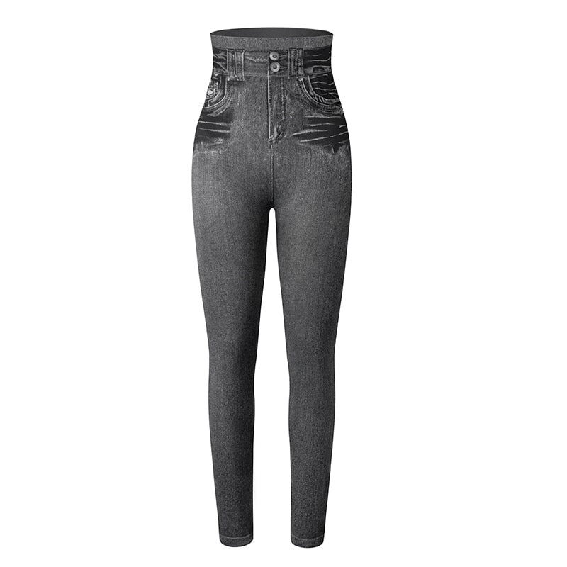 Två par dam jeans leggings med hög midja, i olika tvättar, visar variationsmöjligheter.