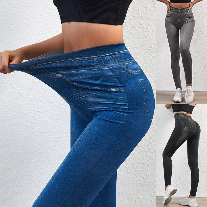 Stretchiga dam leggings med jeansutseende och hög midja, idealiska för dagligt bruk.