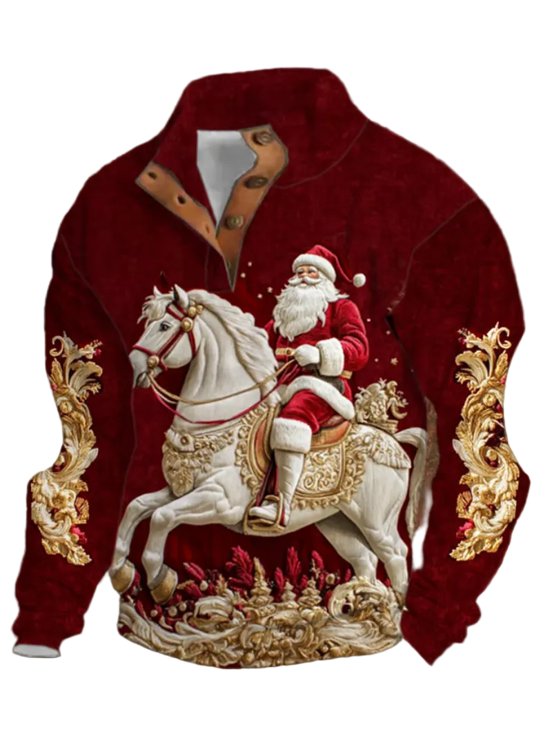 Dam jultröja med elegant ridtryck, knappkrage och gulddetaljer. Perfekt festtröja för jul och vintermode.