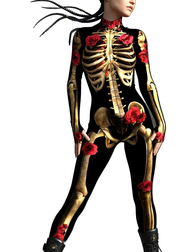 Dam jumpsuit med unikt skelett tryck och röda rosor. Perfekt Halloween kostym för temafesten.