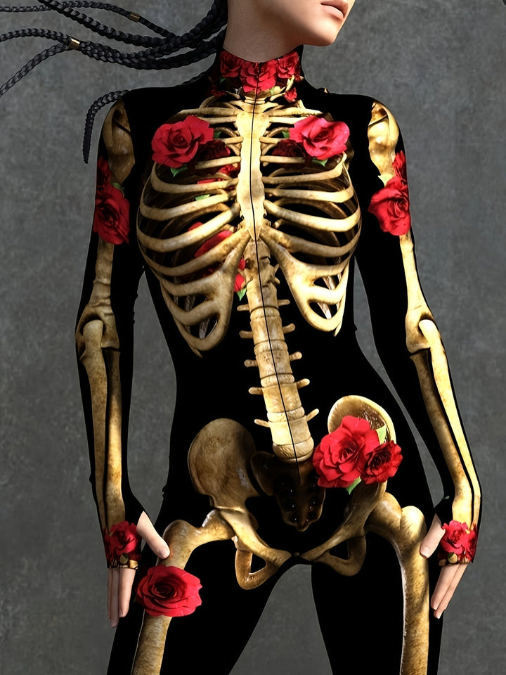 Kvinnors långärmad jumpsuit med skelettryck och röda rosor, idealisk för maskerad och fest.