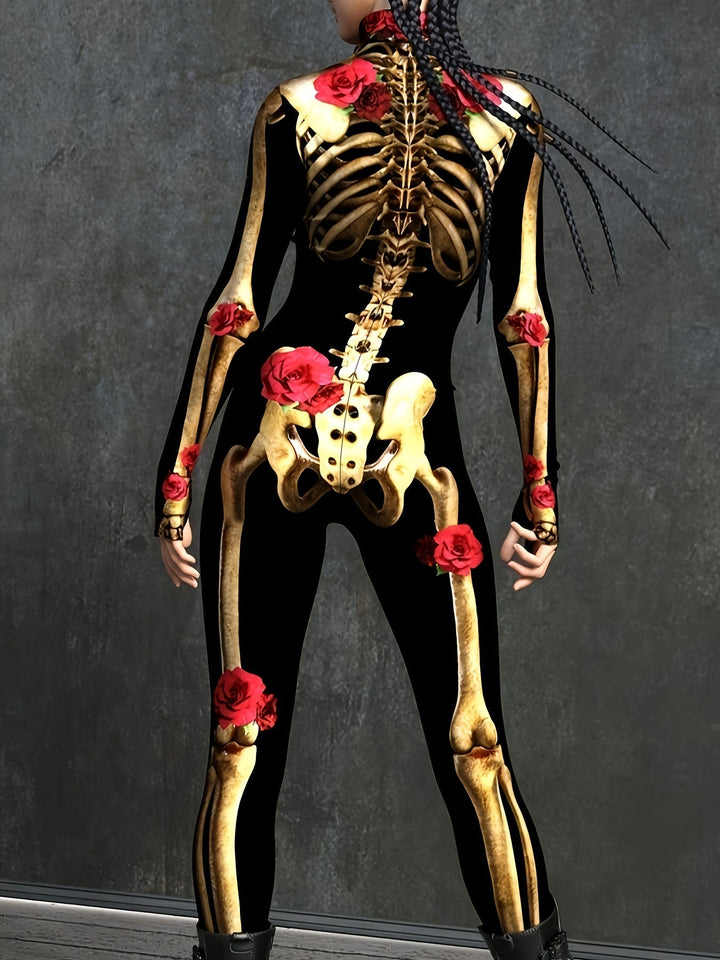 Festlig dam jumpsuit med iögonfallande skelett och rosmotiv. En unik kvinnors kostym för Halloween.
