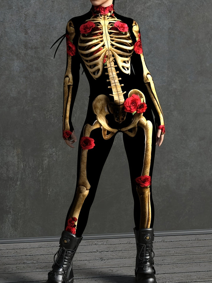 Halloween kostym: Dam jumpsuit med detaljerat skelettryck och vackra röda rosor på svart bakgrund.