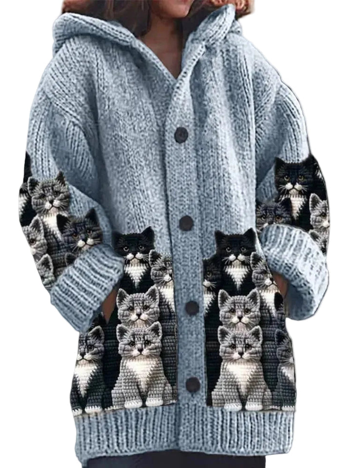 Dam kattkofta med charmigt kattmotiv, mjuk stickad tröja, mysig och ledig för vintern.