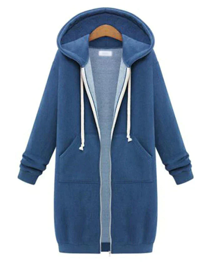 Stilren knälång damhoodie med dragkedja, idealisk för höst och avslappnad vardagslook.