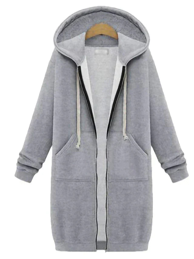 Kvinnors knälånga hoodie med dragkedja, varm och skön för kalla dagar, perfekt för lager.