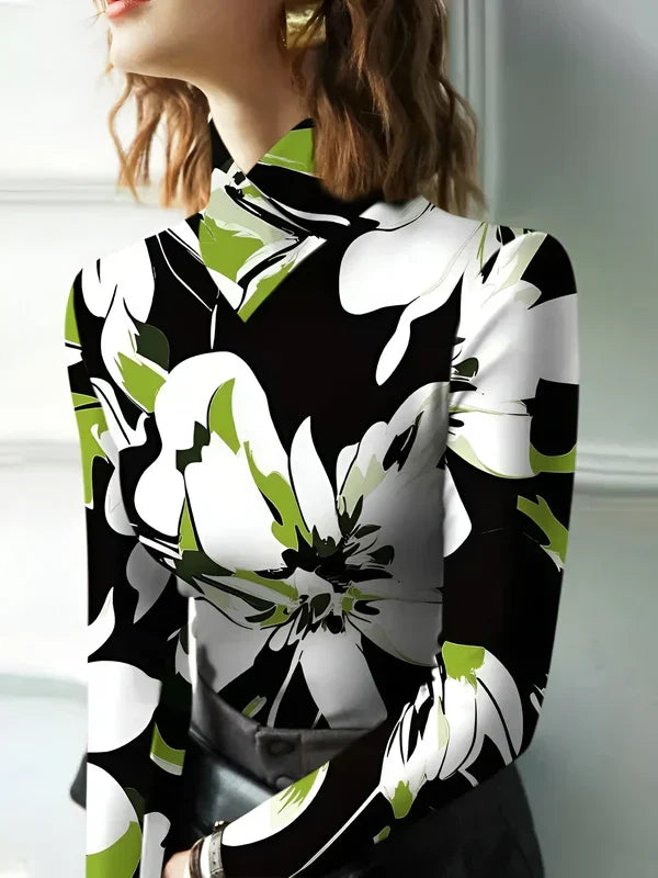 Guldfärgad dam turtleneck långärmad t-shirt med blommigt mönster. Elegant för fest och vardag.