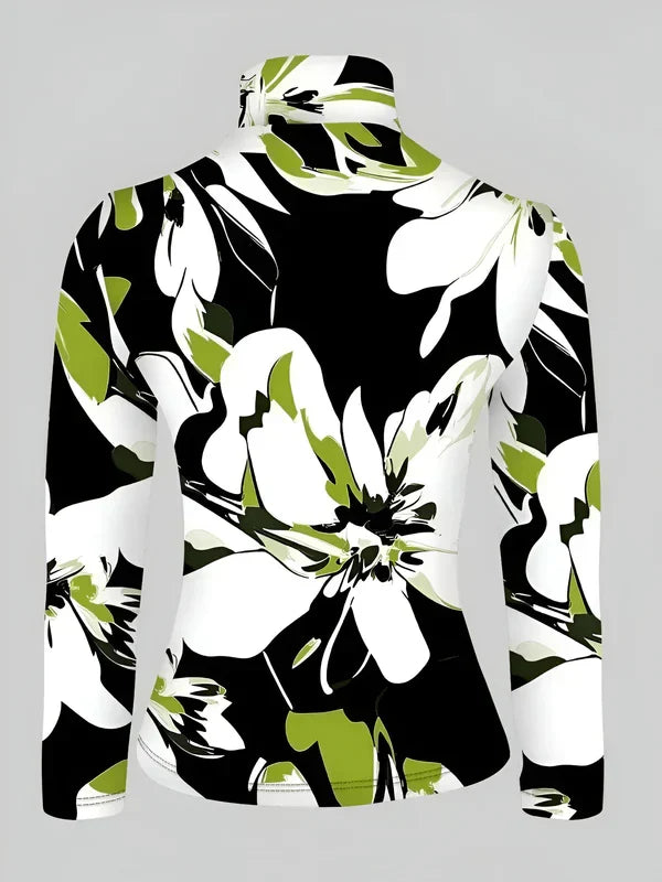 Trendig dam långärmad t-shirt med blommigt mönster och turtleneck. Perfekt för vår och höst.