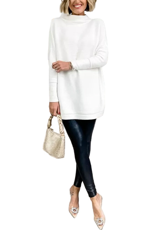 Dam Oversized Ribbstickad Tröja med Mockneck. Snygg och bekväm för avslappnad stil.